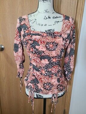 Serenade Boho Leaf Floral Print Drawstring Ruched Y2k Square Neck Top
